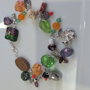 Handmade Forrest Glass Bead Charm Bracelet with Silver Accents 7"